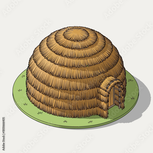 Isometric illustration of a wattle and daub hut on a small grass field