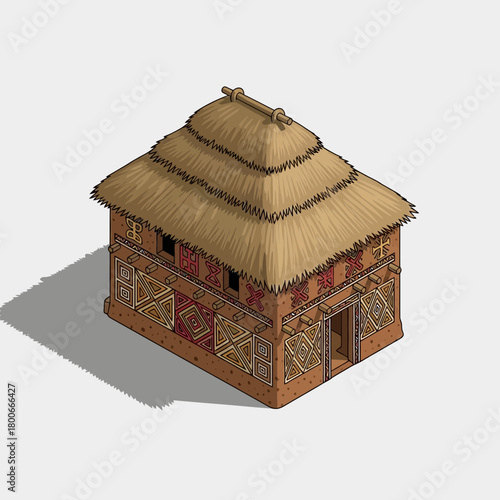 Isometric Illustration of Traditional House with Decorated Walls and Thatched Roof