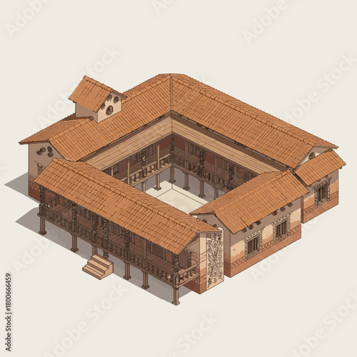 Isometric illustration of traditional Malay house architecture, design and layout