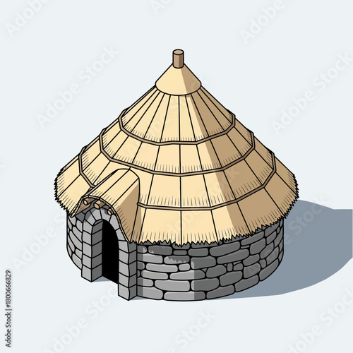 Stylized Isometric Illustration of a Traditional Thatched Roundhouse