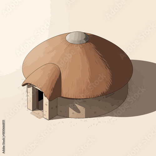 Traditional African House with Thatched Roof Illustration in Earthy Tones