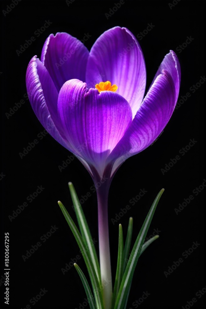 Naklejka premium Purple crocus flower against a softly blurred green background, minimalist, focus on texture, subtle light. A single purple crocus flower, viewed in close up, with extreme focus on the intricate