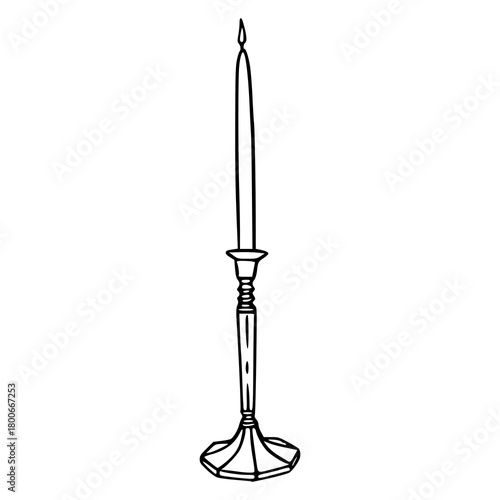 elegant taper candle in classic candlestick - line art vector