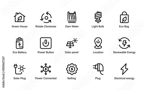 Eco Renewable Energy Icons Collection. Sustainable Environmental, Renewable Power, Green Solutions and Solar Energy Resources and Clean Power Symbols.