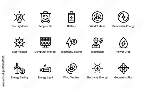 Eco Renewable Energy Icons Collection. Sustainable Environmental, Renewable Power, Green Solutions and Solar Energy Resources and Clean Power Symbols.