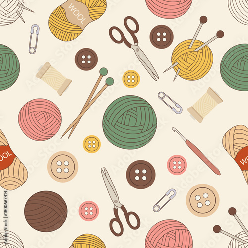 A seamless pattern with various sewing and knitting supplies like yarn balls, needles, buttons, scissors, and thread.