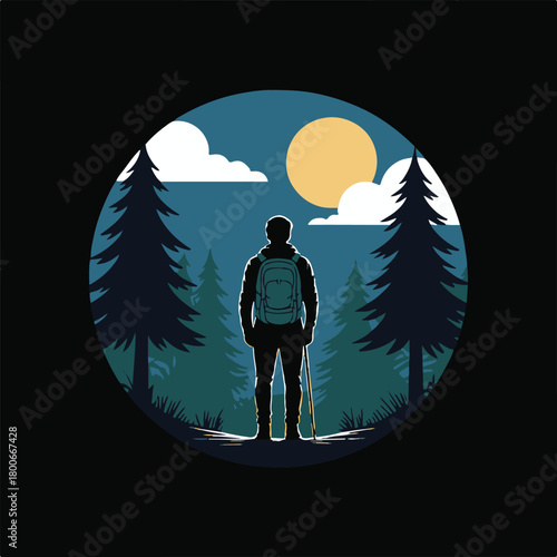 hiker standing at forest viewpoint circular nature vignette