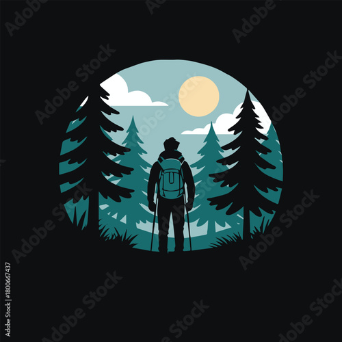 hiker with backpack walking on trail toward sunlit trees