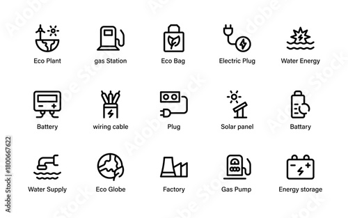 Eco Renewable Energy Icons Collection. Sustainable Environmental, Renewable Power, Green Solutions and Solar Energy Resources and Clean Power Symbols.