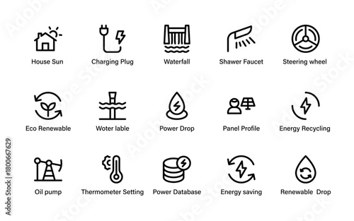 Eco Renewable Energy Icons Collection. Sustainable Environmental, Renewable Power, Green Solutions and Solar Energy Resources and Clean Power Symbols.