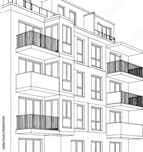Modern Architectural Building Line Art Vector Illustration with Balconies