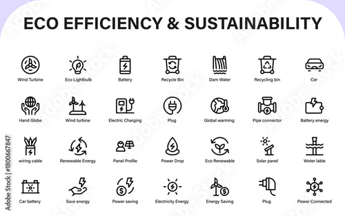Eco efficiency and sustainability icons. featuring solar panels, wind turbines, eco power, recycling, batteries, and charging tools.