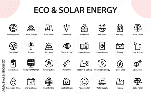 Eco and Solar energy icons. solar power, renewable storage, clean batteries, green factories, and modern eco solutions.