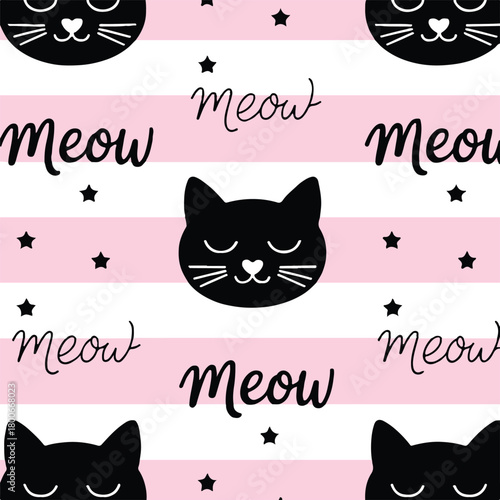 cat vector seamless black cat faces pink and white stripes meow pattern