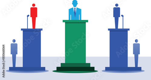 Three figures on podiums with a central figure in green debate election