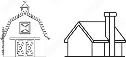 Classic farm barn and residential house outline vector illustration