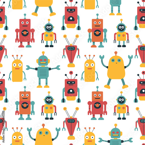 robot cartoon characters seamless pattern robots aliens vector design