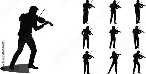 Violinist silhouette group, solo performer focus, musical expression, black vector art, classical music scene, bow movement, ensemble illustration, concert poseViolinist silhouette group, solo 
