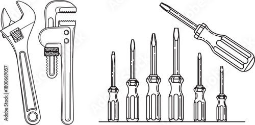 Vector Line Art Illustration of Common Wrenches and Screwdrivers Set