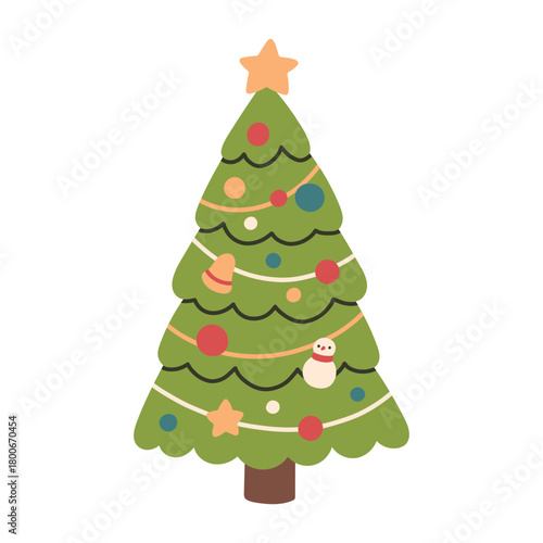 Cute vector illustration of a decorated Christmas tree with colorful ornaments and a star on top. Simple festive holiday design, perfect for greeting cards, stickers, promo and seasonal decorations