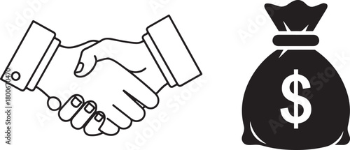 Line Art Handshake and Solid Money Bag Black White Icons