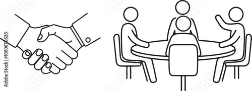 Minimalist Outline Icons: Business Handshake and Team Meeting Illustration