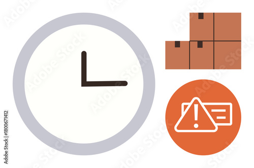 Large clock face, stacked cardboard boxes, and orange warning sign emphasizing delivery delays, supply chain urgency, and scheduling. Ideal for logistics, shipping, business deadlines, e-commerce