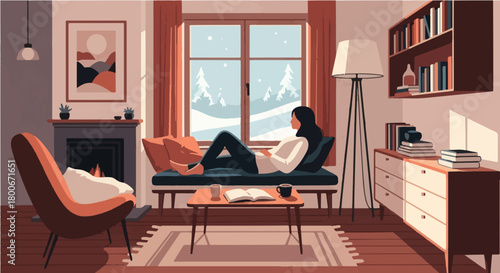 ​A cozy, modern living room vector illustration. A woman is relaxing on a sofa, reading a book by the window, while a fireplace and built-in bookshelves create a warm, peaceful atmosphere.