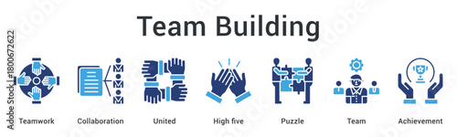 Team building fostering collaboration and unity through integrated teamwork leading to collective achievement. icon sheet multiple style collection