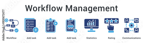 Workflow management streamlining task assignments with statistics tracking and rating through effective communications. icon sheet multiple style collection
