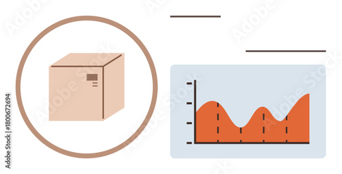 Cardboard box with label beside a fluctuating line graph, denoting analytics, efficiency, shipment tracking, or delivery trends. Ideal for logistics, e-commerce, data trends, analysis operations