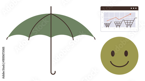 Green umbrella, upward shopping cart graph, and happy face. Ideal for business growth, customer care, market strategy, protection, insurance e-commerce positive experiences. Simple flat metaphor