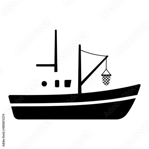 Silhouette Fishing Boat Icon on Water.