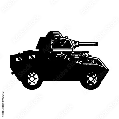 Armored Tank Vehicle Silhouette In Black And White.