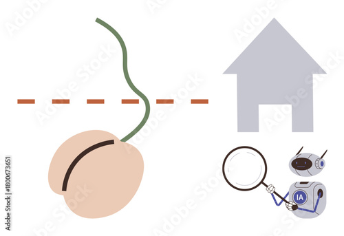 Robot inspects a seed with magnifying glass near home silhouette and dashed line resembling soil. Ideal for AI research, growth, agriculture, sustainability, housing, exploration, and innovation