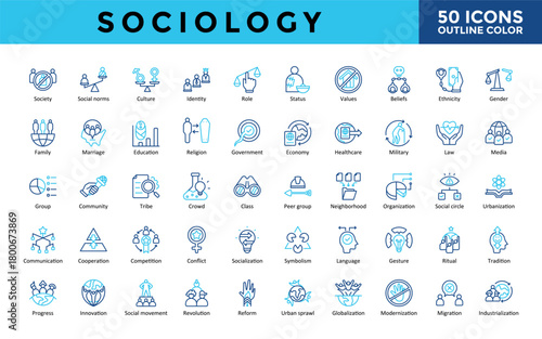 Sociology icons set with discrimination, racism, sexism, class divide, inequality, poverty, homelessness, crime icon. Simple line blue vector 
