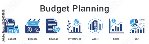 Budget planning allocating expenses and savings toward investments and assets tracking sales and operational earnings.