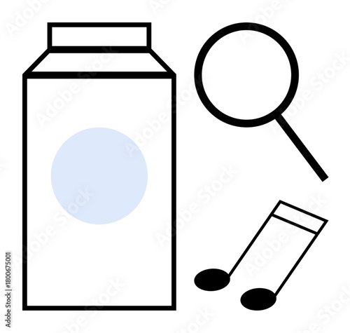 Milk carton, magnifying glass, and musical note suggesting exploration, discovery, creativity, and innovation. Ideal for food, music, research education curiosity inspiration simple flat metaphor