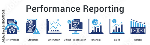 Performance reporting displaying statistics and graphs in online presentations showing financial sales and deficit analysis.