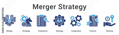 Merger strategy involves evaluation and synergy planning for integration with control mechanisms leading to closing.