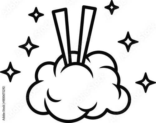 Cloud with chopsticks, sparkle burst, whimsical icon, magical puff, black vector, minimal design, bold outline, white background, fantasy motif, creative symbol