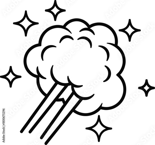 Magic puff, sparkle burst, motion cloud, whimsical icon, black vector, minimal design, clean effect, bold outline, white background, energy motif
