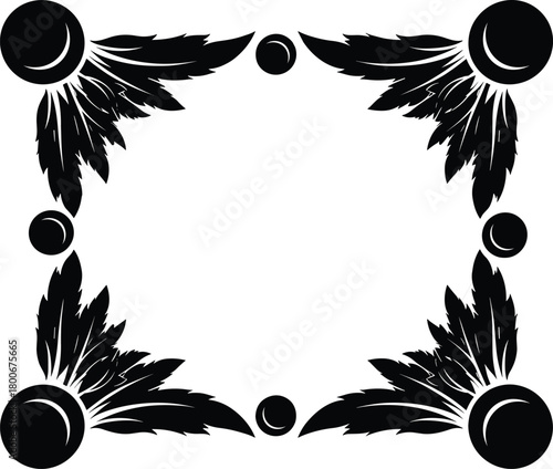 Symmetrical black feather and circle border design, bold square frame with stylized corner motifs, decorative graphic for artistic layout