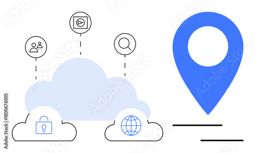 Cloud storage with icons for user network, security, global web, video, and search. Large geolocation pin nearby. Ideal for technology, data, communication security geolocation innovation