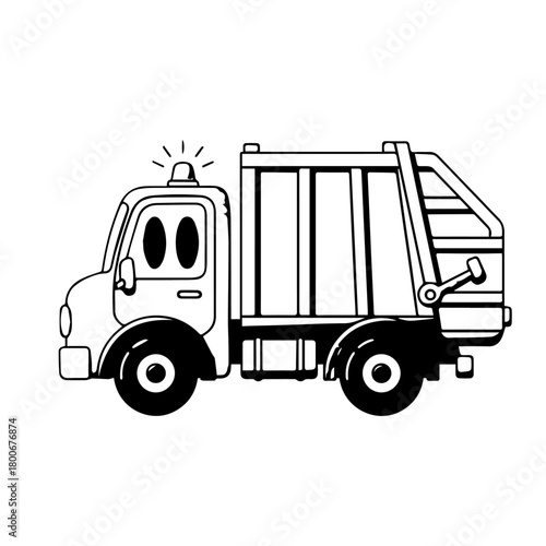 Cartoon Garbage Truck On Duty Ready.