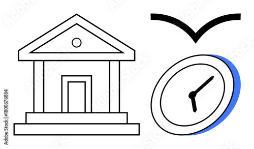 Pillared government building beside a clock and a curved arrow symbolizing efficiency, time management, and system reliability. Ideal for business, governance, time, finance, scheduling, operations