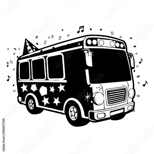 Stylized party bus with stars and music icons.