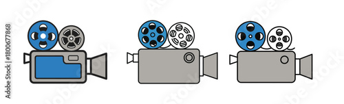 Illustration of three vintage film cameras with blue and grey reels, representing cinema and video production.