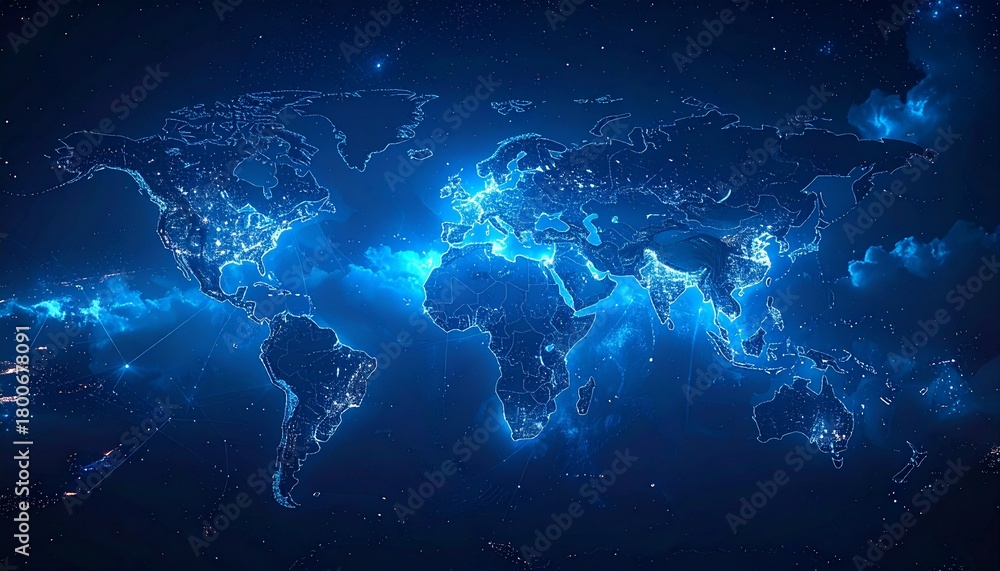 Fototapeta premium Digital World Map with Glowing Interconnections Representing Global Technology and Communication Networks