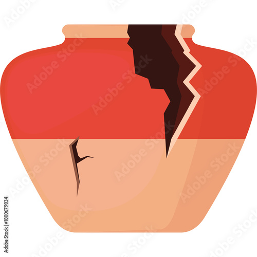 Broken Ceramic Pot with Large Crack in Reddish Orange and Beige Tones Isolated on Transparent Background Offering a Visual Metaphor for Fragility and Damage